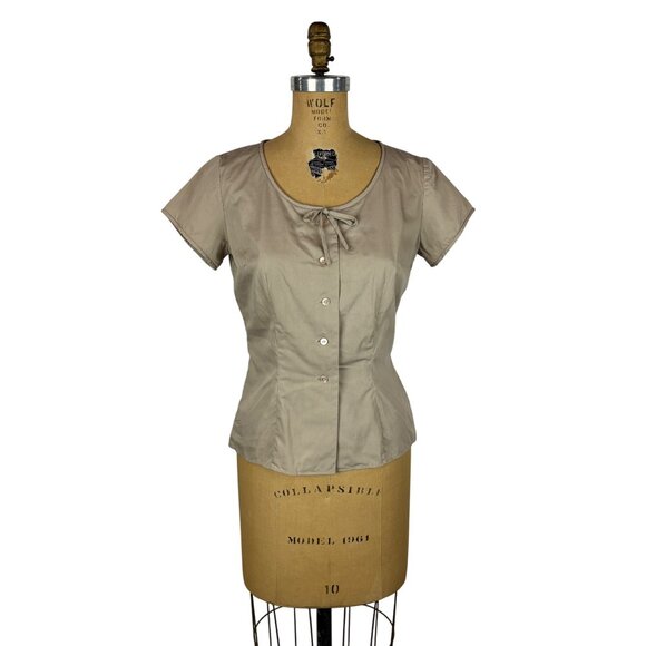 Vintage 50s Beige Blouse Womens Medium Scoop Bow Neck Button Down Top Pin Up - Picture 1 of 9
